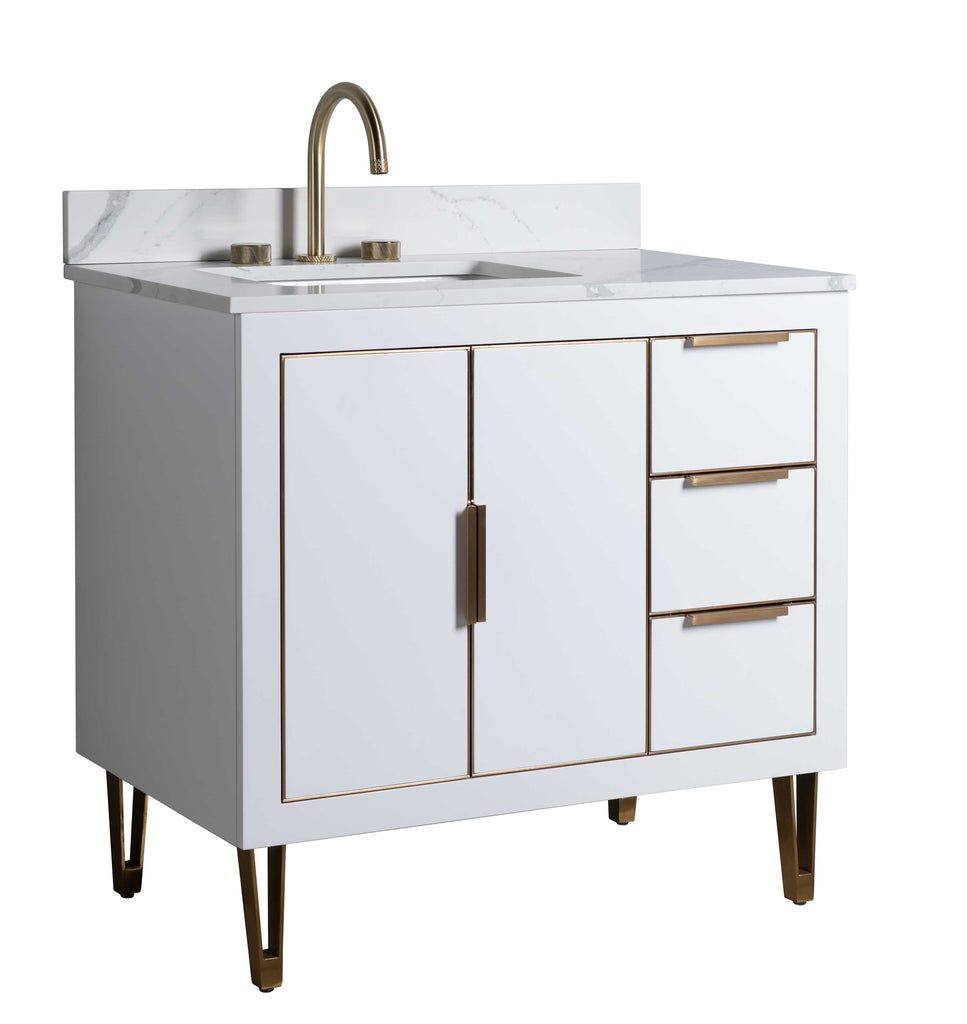 Rubeza 900mm Dukes Vanity Unit with Calacatta Quartz Top - White & Gold