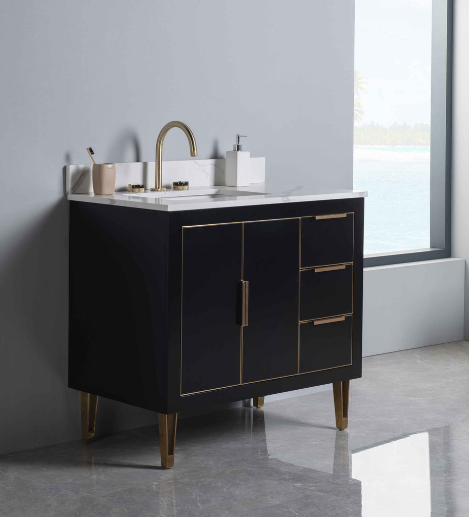 Rubeza 900mm Dukes Vanity Unit with Calacatta Quartz Top - Black & Gold