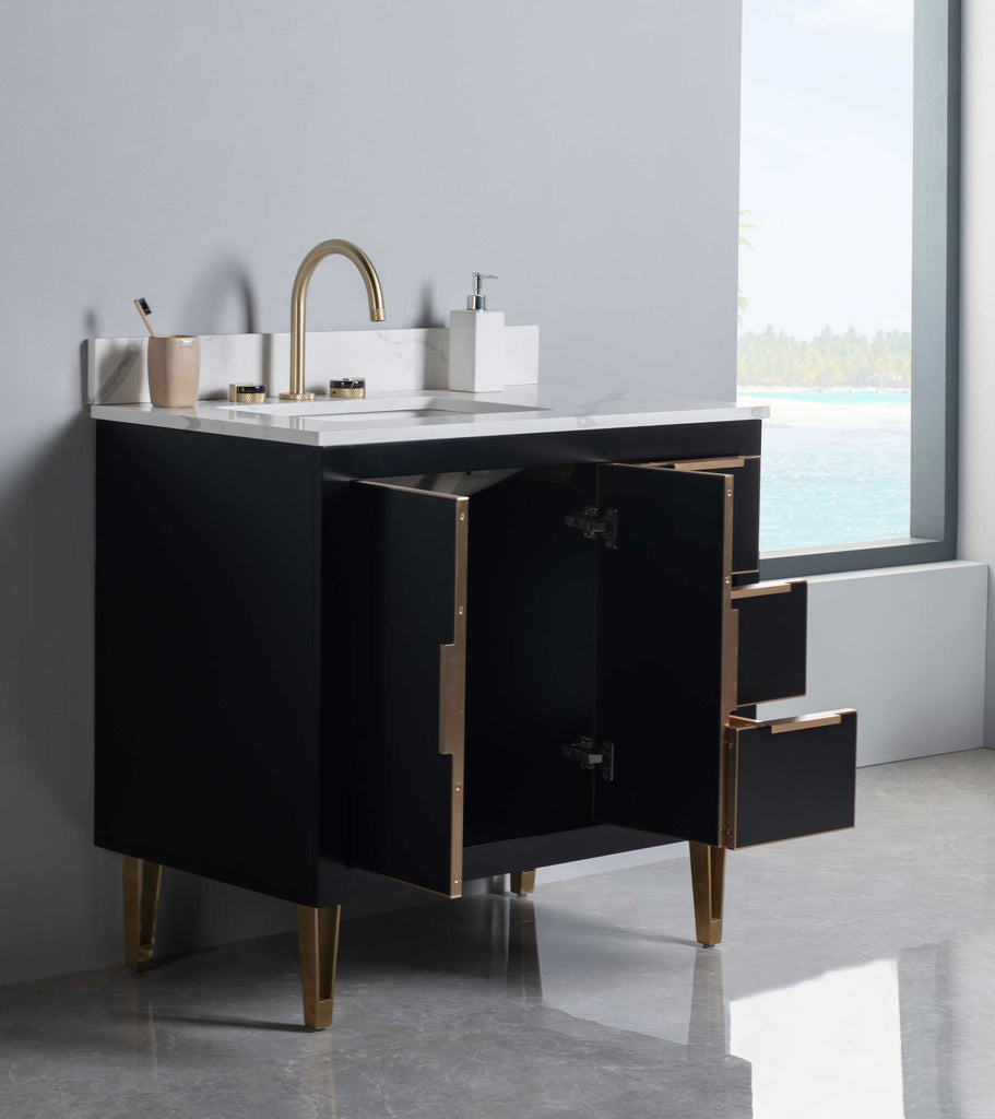 Rubeza 900mm Dukes Vanity Unit with Calacatta Quartz Top - Black & Gold