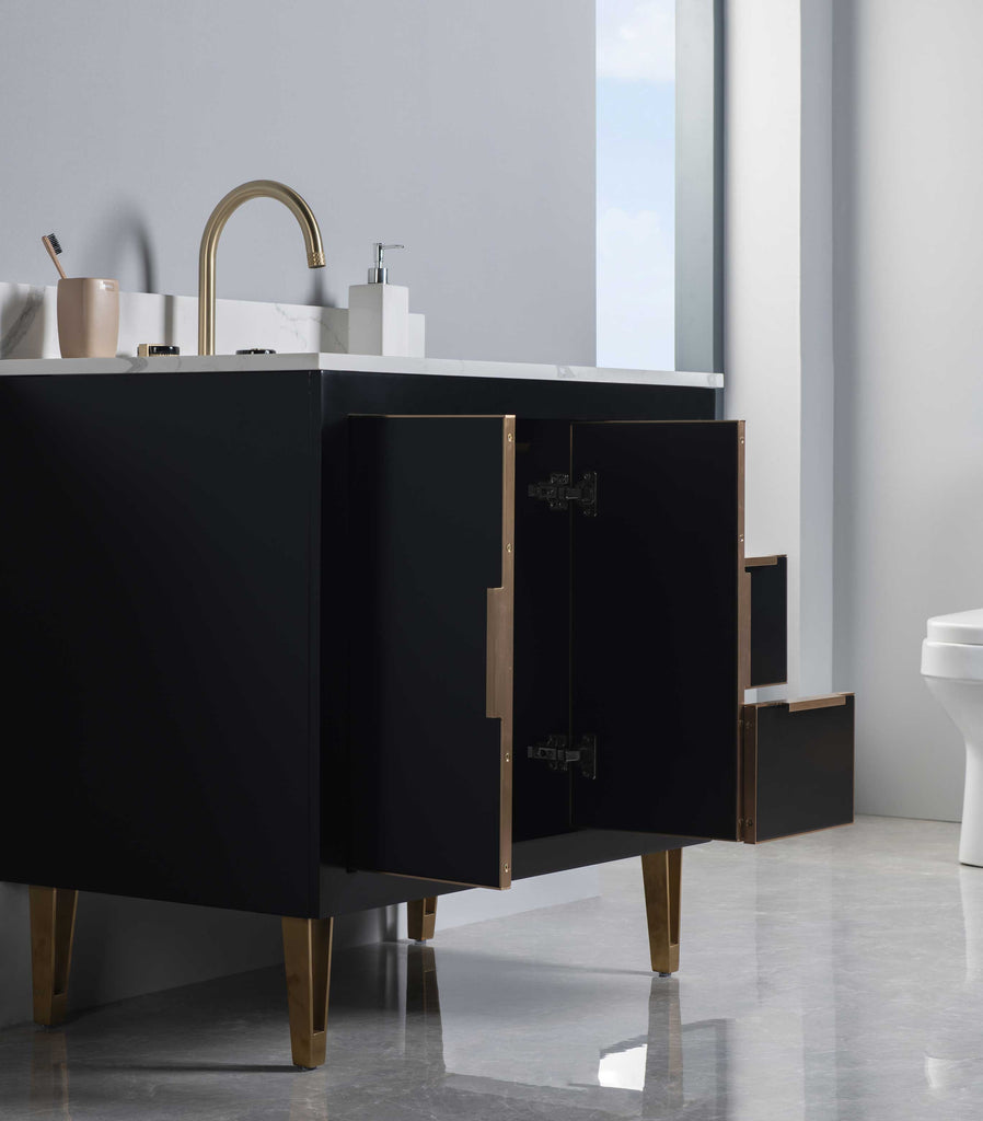 Rubeza 900mm Dukes Vanity Unit with Calacatta Quartz Top - Black & Gold