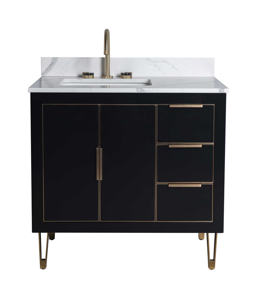 Rubeza 900mm Dukes Vanity Unit with Calacatta Quartz Top - Black & Gold