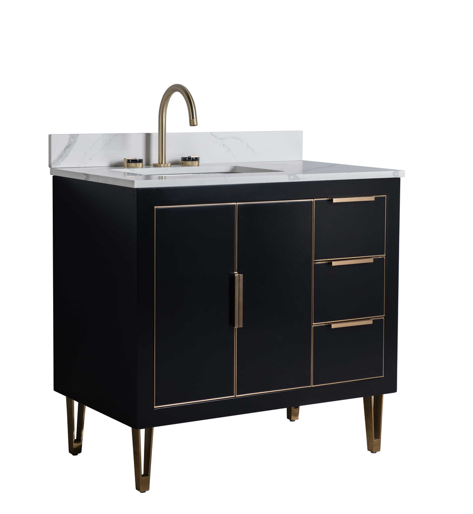 Rubeza 900mm Dukes Vanity Unit with Calacatta Quartz Top - Black & Gold