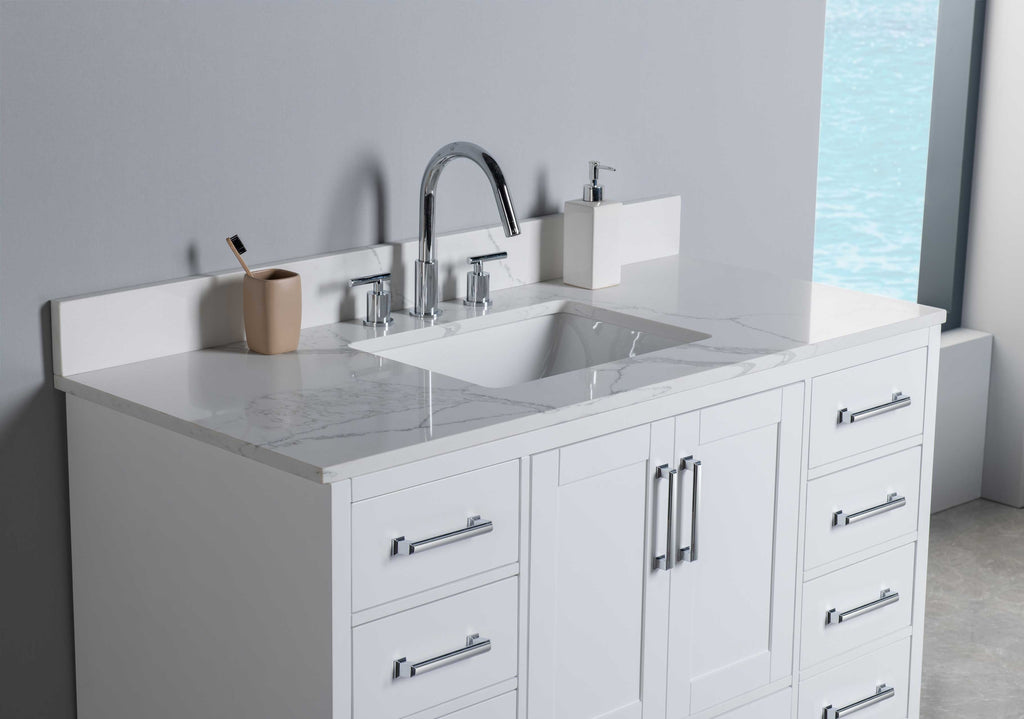 Rubeza 1200mm Anatolia Vanity Unit with Calacatta Quartz Top - White & Chrome