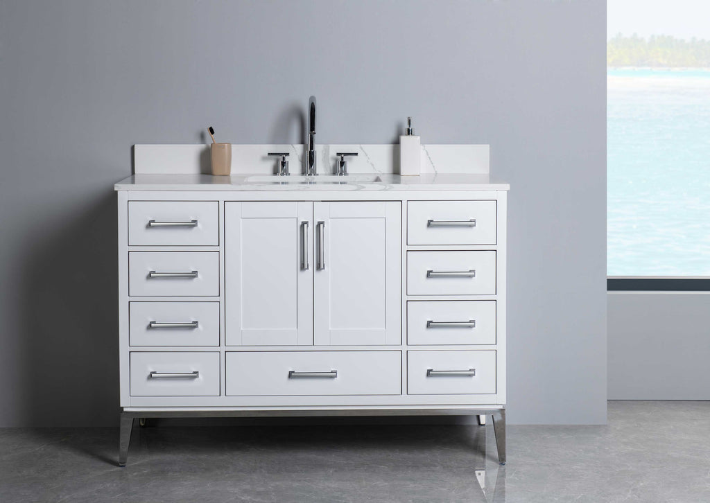 Rubeza 1200mm Anatolia Vanity Unit with Calacatta Quartz Top - White & Chrome