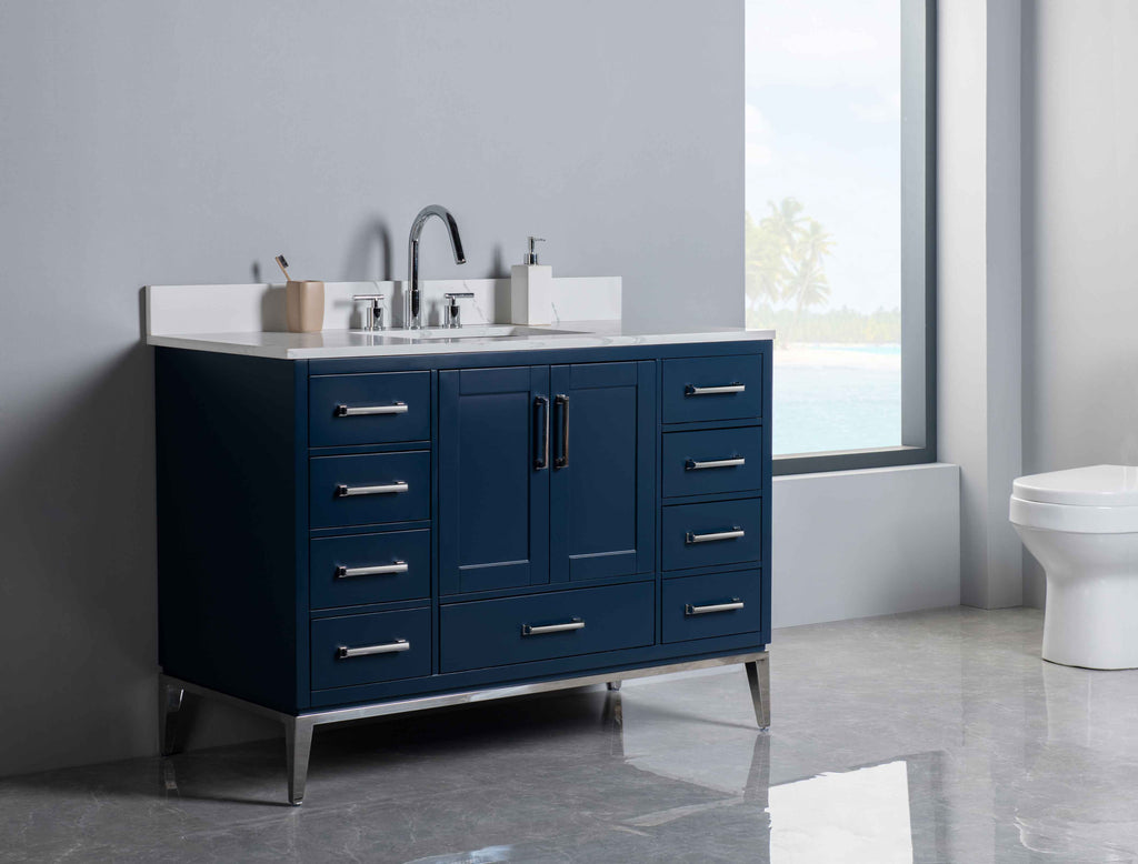 Rubeza 1200mm Anatolia Vanity Unit with Calacatta Quartz Top - Dark Blue & Chrome