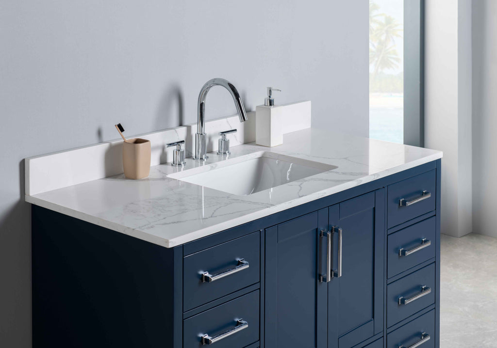 Rubeza 1200mm Anatolia Vanity Unit with Calacatta Quartz Top - Dark Blue & Chrome