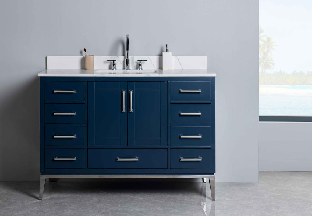 Rubeza 1200mm Anatolia Vanity Unit with Calacatta Quartz Top - Dark Blue & Chrome