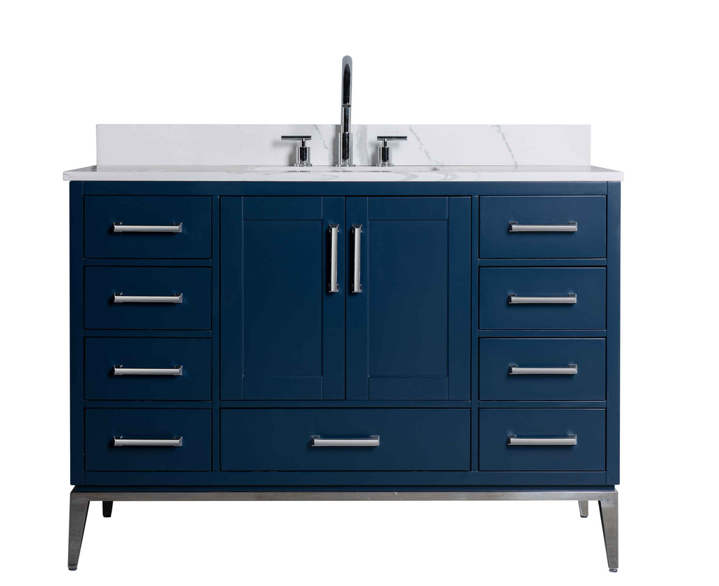 Rubeza 1200mm Anatolia Vanity Unit with Calacatta Quartz Top - Dark Blue & Chrome