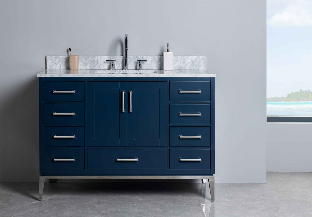 Rubeza 1200mm Anatolia Vanity Unit with Carrara Marble Top - Dark Blue & Chrome