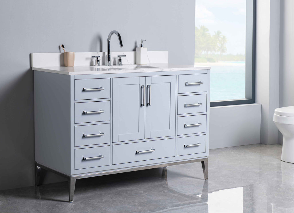 Rubeza 1200mm Anatolia Vanity Unit with Calacatta Quartz Top - Light Grey & Chrome