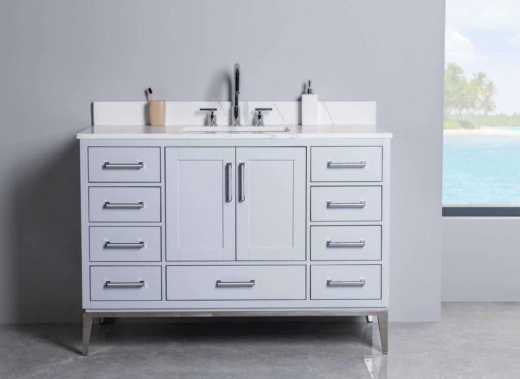 Rubeza 1200mm Anatolia Vanity Unit with Calacatta Quartz Top - Light Grey & Chrome