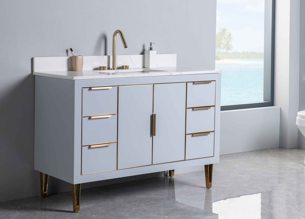 Rubeza 1200mm Dukes Vanity Unit with Calacatta Quartz Top - Light Grey & Gold