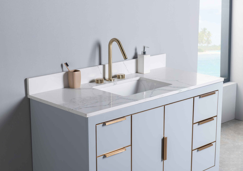 Rubeza 1200mm Dukes Vanity Unit with Calacatta Quartz Top - Light Grey & Gold