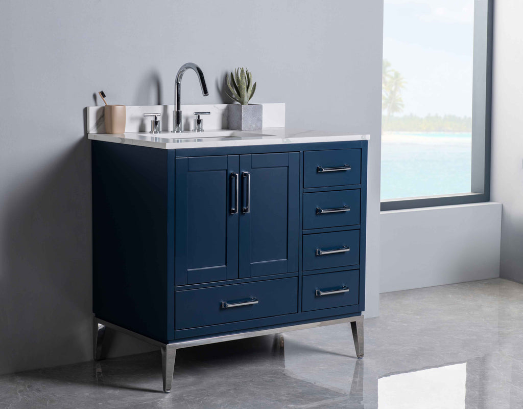 Rubeza 900mm Anatolia Vanity Unit with Calacatta Quartz Top - Dark Blue & Chrome