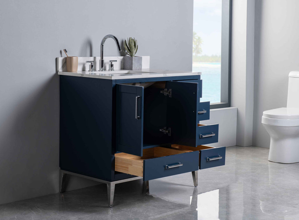 Rubeza 900mm Anatolia Vanity Unit with Calacatta Quartz Top - Dark Blue & Chrome