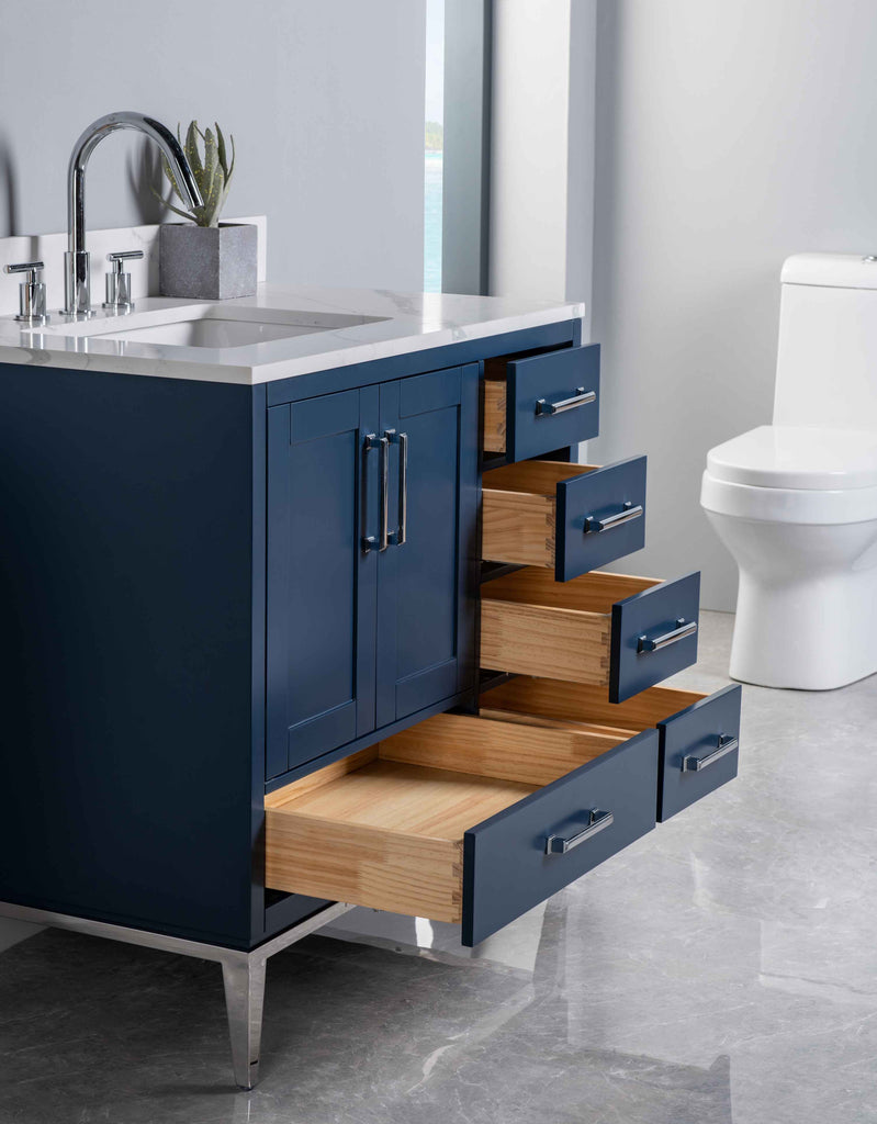 Rubeza 900mm Anatolia Vanity Unit with Calacatta Quartz Top - Dark Blue & Chrome