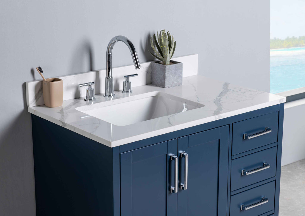 Rubeza 900mm Anatolia Vanity Unit with Calacatta Quartz Top - Dark Blue & Chrome