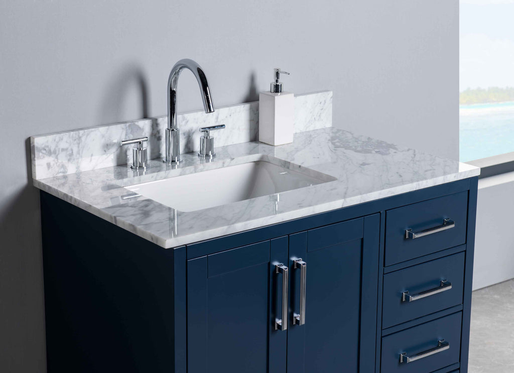 Rubeza 900mm Anatolia Vanity Unit with Carrara Marble Top - Dark Blue & Chrome
