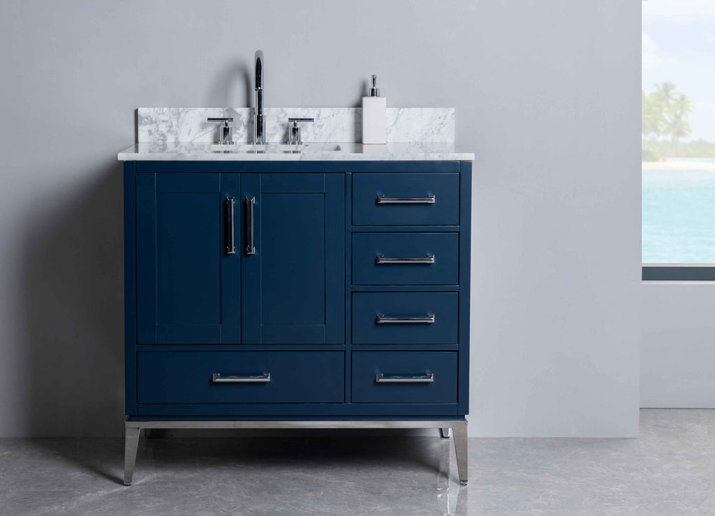 Rubeza 900mm Anatolia Vanity Unit with Carrara Marble Top - Dark Blue & Chrome