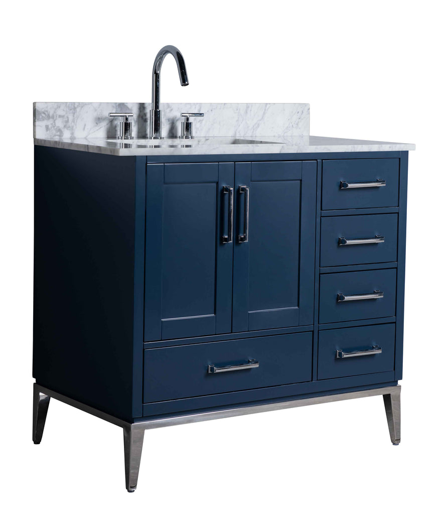 Rubeza 900mm Anatolia Vanity Unit with Carrara Marble Top - Dark Blue & Chrome