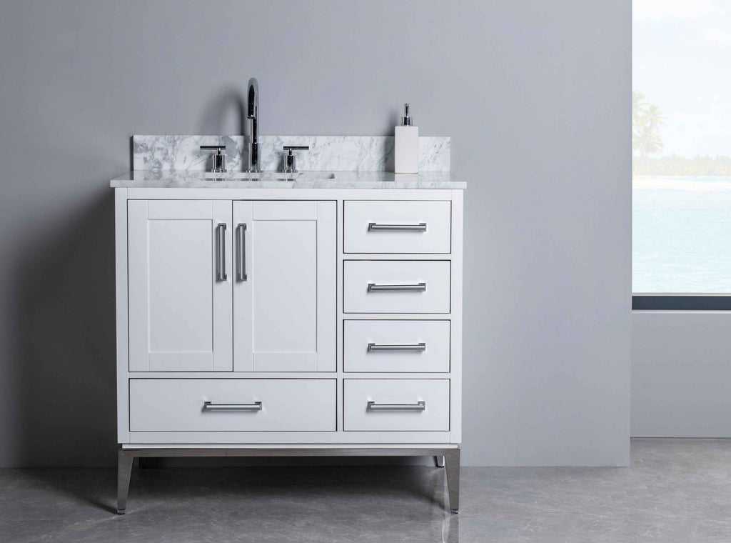 Rubeza 900mm Anatolia Vanity Unit with Carrara Marble Top - White & Chrome