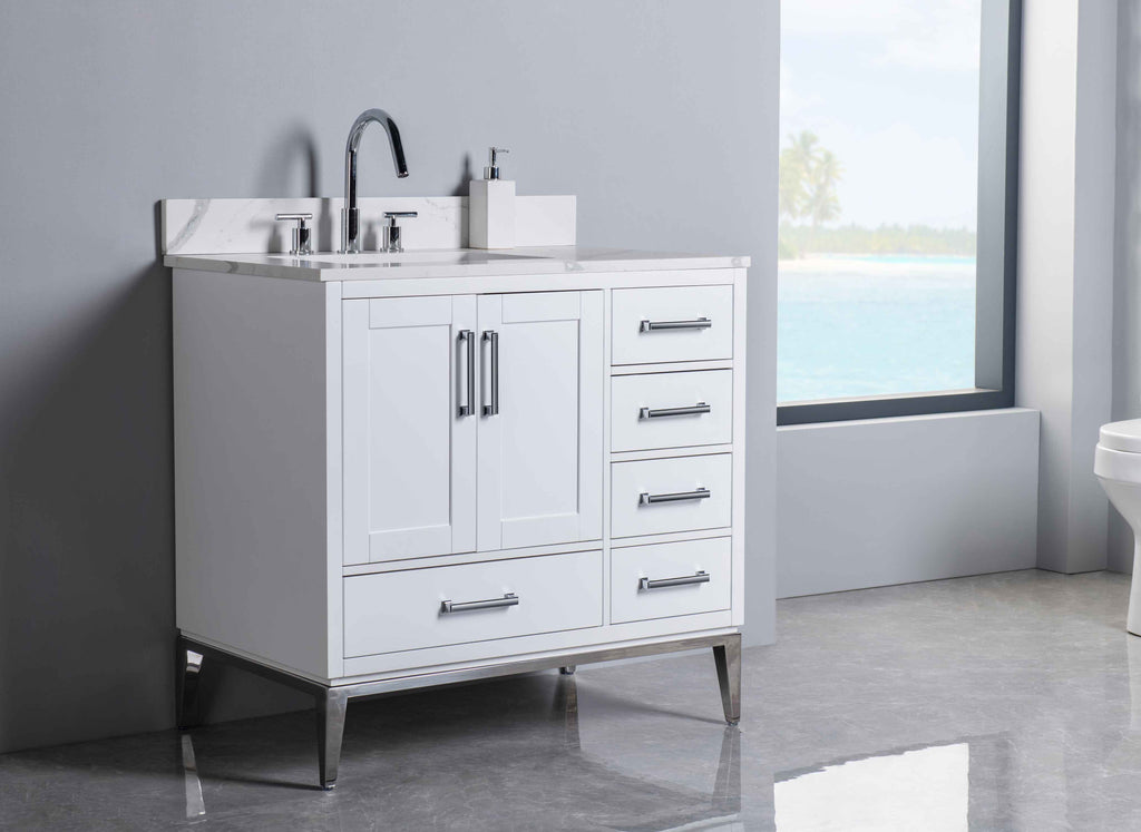 Rubeza 900mm Anatolia Vanity Unit with Calacatta Quartz Top - White & Chrome