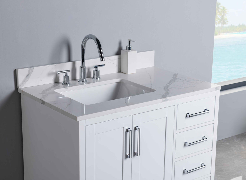 Rubeza 900mm Anatolia Vanity Unit with Calacatta Quartz Top - White & Chrome