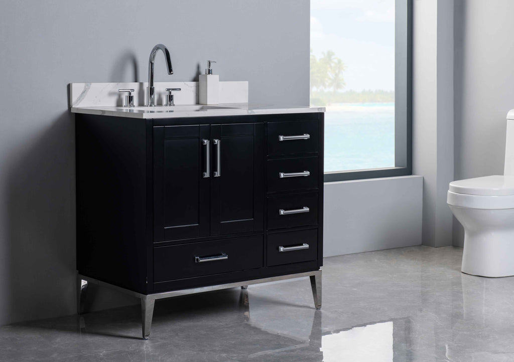 Rubeza 900mm Anatolia Vanity Unit with Calacatta Quartz Top - Black & Chrome