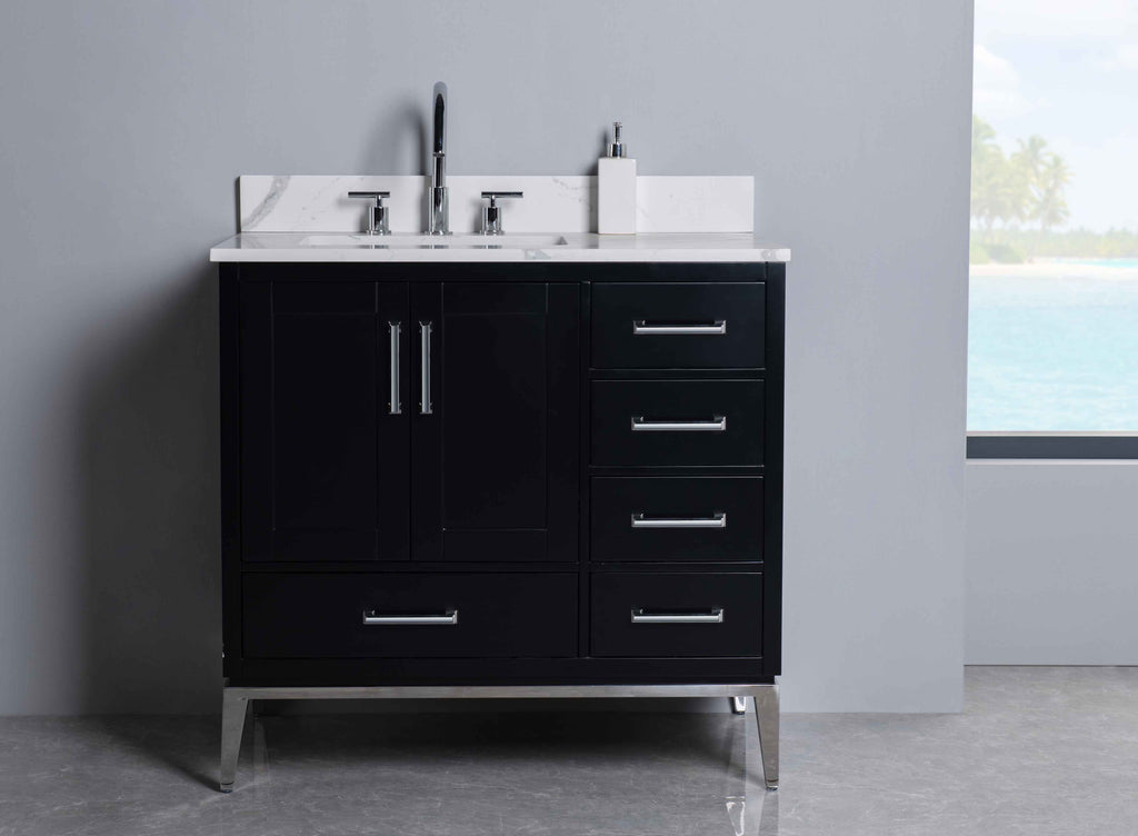 Rubeza 900mm Anatolia Vanity Unit with Calacatta Quartz Top - Black & Chrome