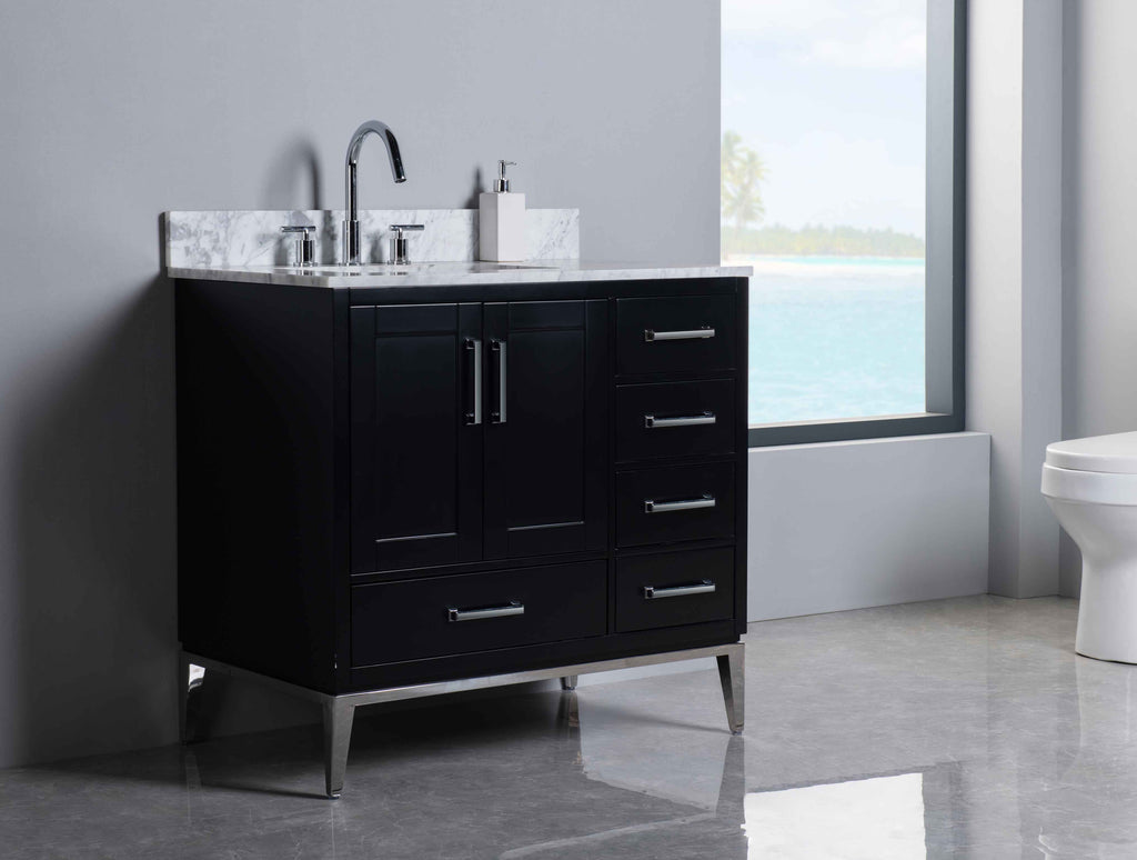 Rubeza 900mm Anatolia Vanity Unit with Carrara Marble Top - Black & Chrome