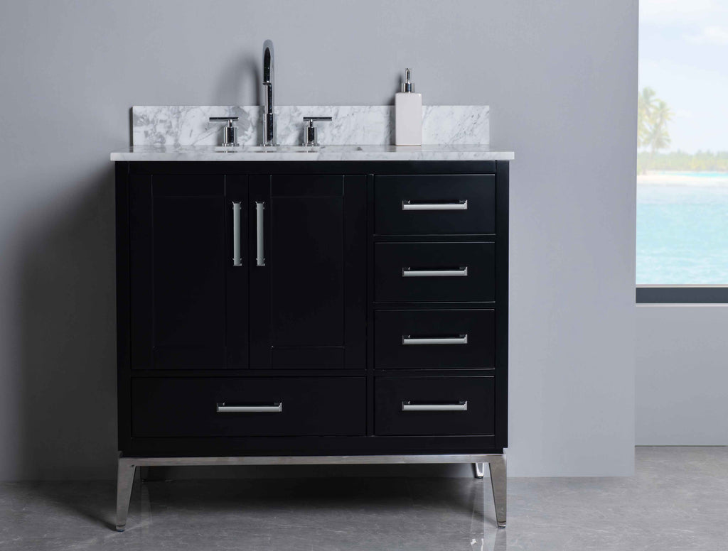Rubeza 900mm Anatolia Vanity Unit with Carrara Marble Top - Black & Chrome