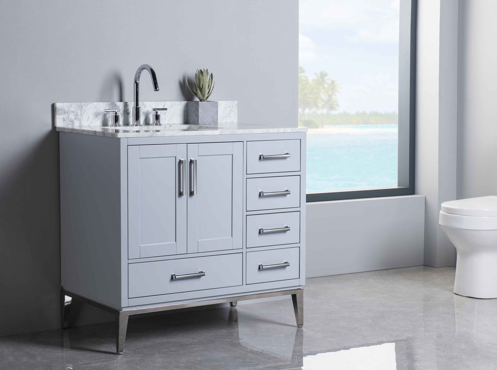 Rubeza 900mm Anatolia Vanity Unit with Carrara Marble Top - Light Grey & Chrome