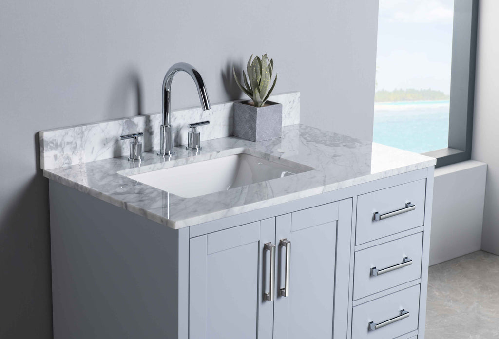 Rubeza 900mm Anatolia Vanity Unit with Carrara Marble Top - Light Grey & Chrome