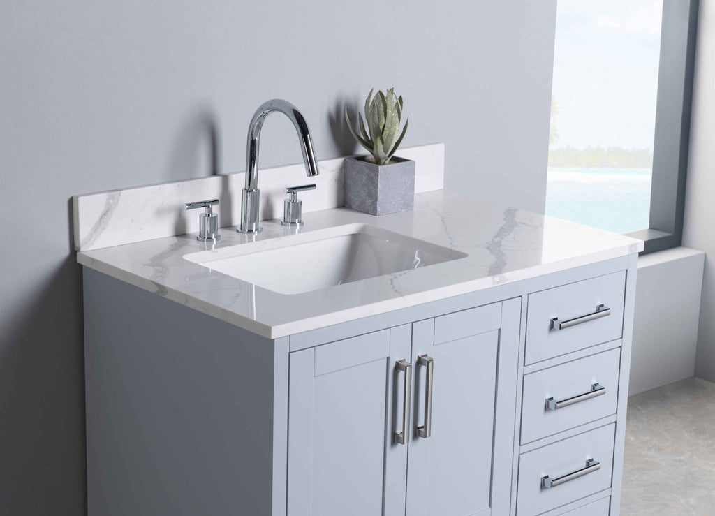 Rubeza 900mm Anatolia Vanity Unit with Calacatta Quartz Top - Light Grey & Chrome