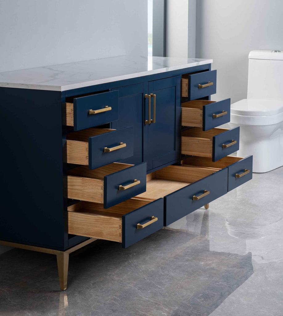 Rubeza 1500mm Anatolia -X- Kitchen Island & Breakfast Bar with Calacatta Quartz Top - Dark Blue & Gold