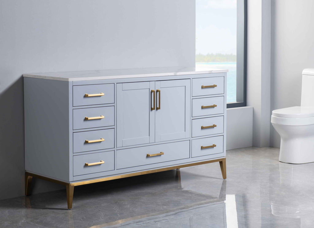 Rubeza 1500mm Anatolia -X- Kitchen Island & Breakfast Bar with Calacatta Quartz Top - Light Grey & Gold