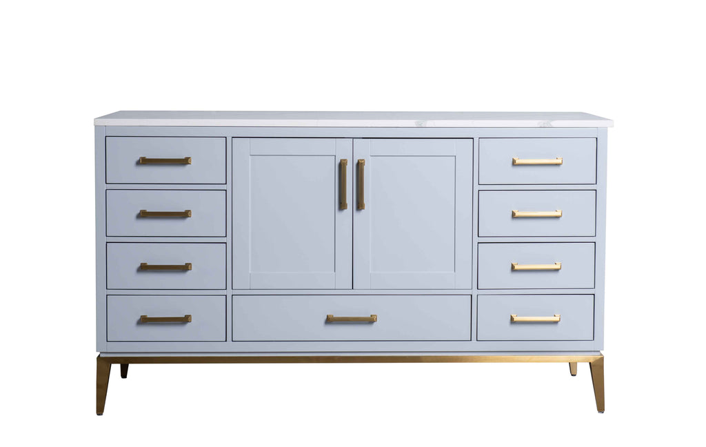 Rubeza 1500mm Anatolia -X- Kitchen Island & Breakfast Bar with Calacatta Quartz Top - Light Grey & Gold