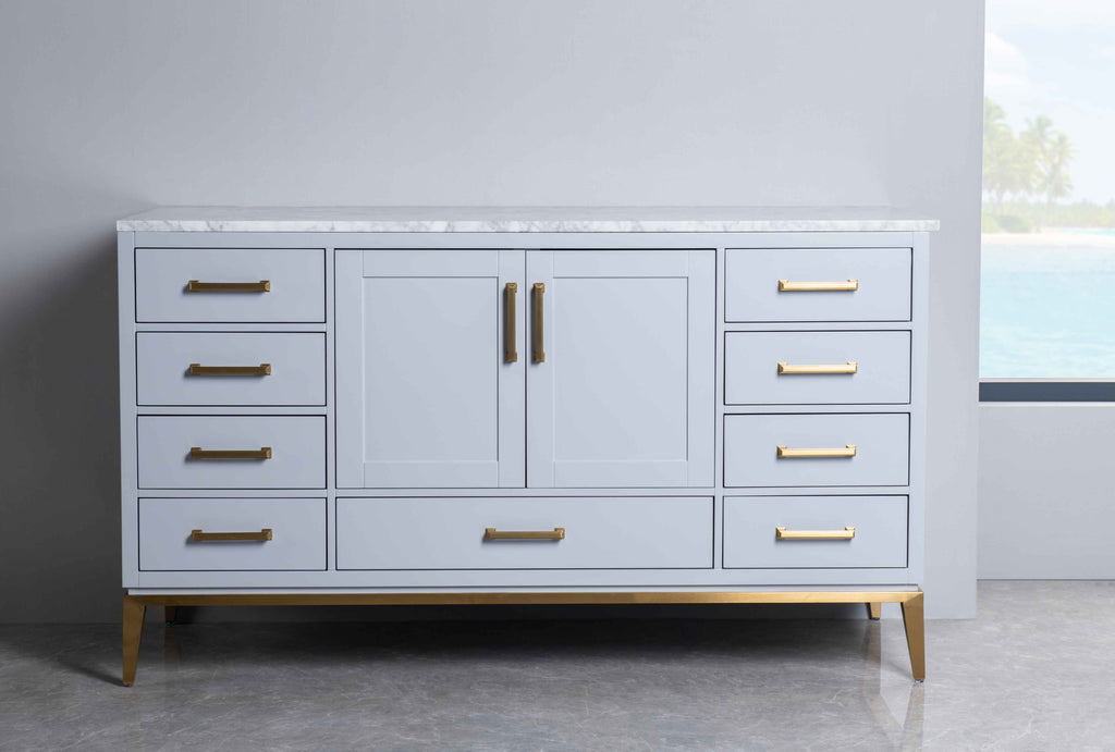 Rubeza 1500mm Anatolia -X- Kitchen Island & Breakfast Bar with Carrara Marble Top - Light Grey & Gold