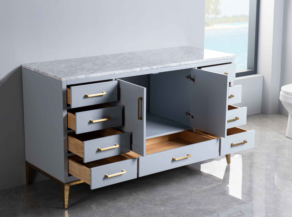 Rubeza 1500mm Anatolia -X- Kitchen Island & Breakfast Bar with Carrara Marble Top - Light Grey & Gold