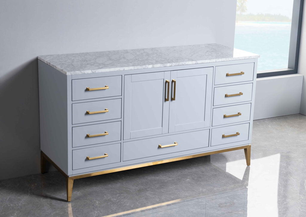 Rubeza 1500mm Anatolia -X- Kitchen Island & Breakfast Bar with Carrara Marble Top - Light Grey & Gold