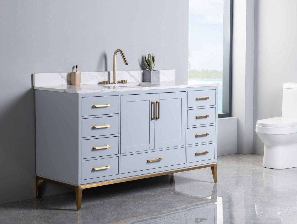 Rubeza 1500mm Anatolia -X- Vanity Unit with Calacatta Quartz Top - Light Grey & Gold