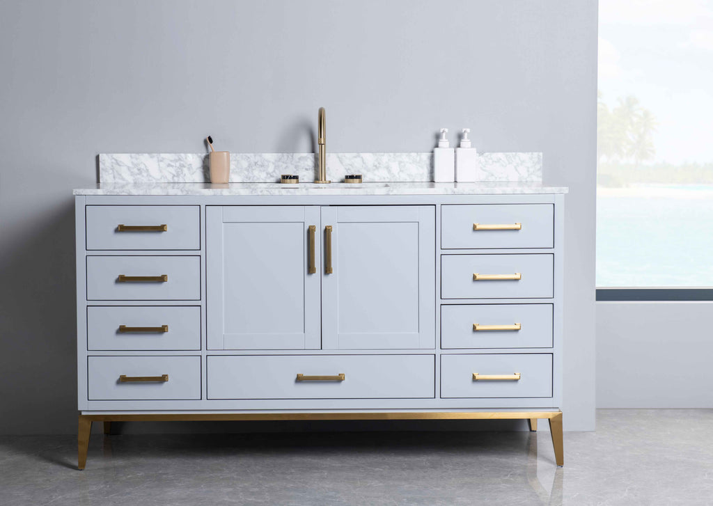 Rubeza 1500mm Anatolia -X- Vanity Unit with Carrara Marble Top - Light Grey & Gold