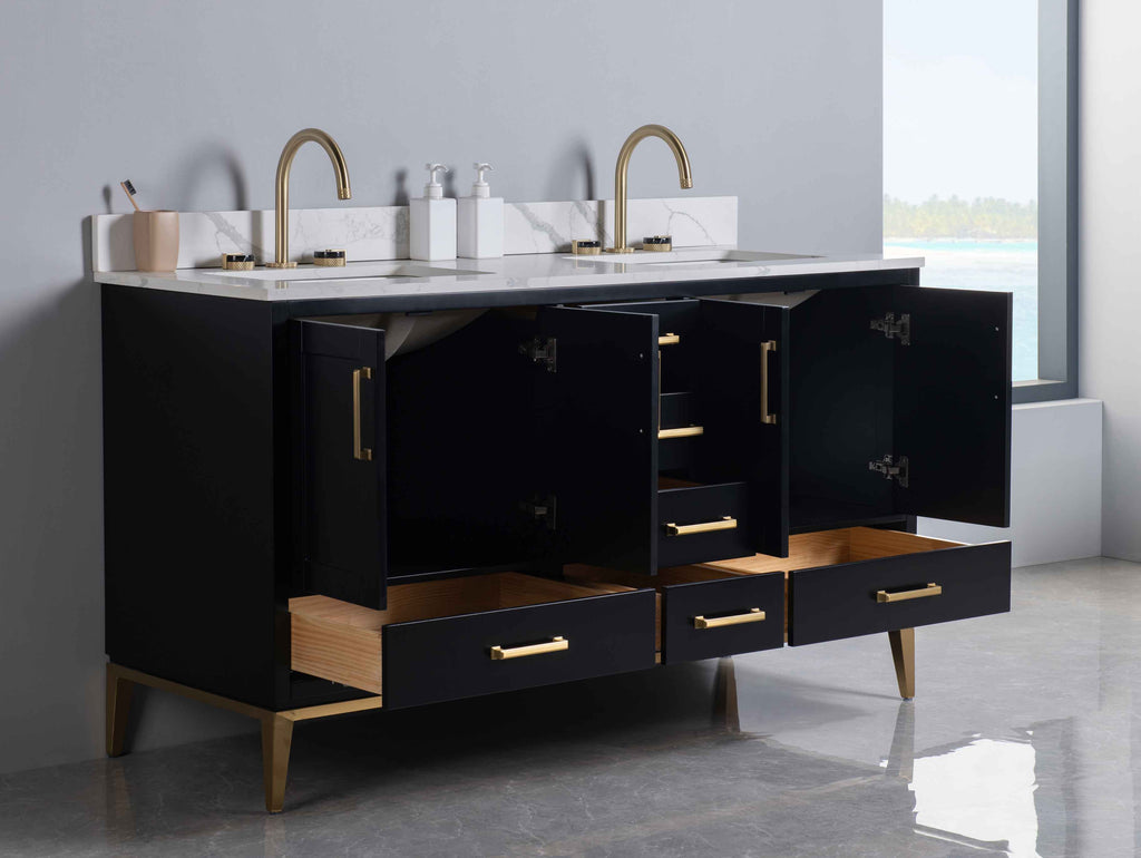 Rubeza 1500mm Anatolia Vanity Unit with Calacatta Quartz Top - Black & Gold