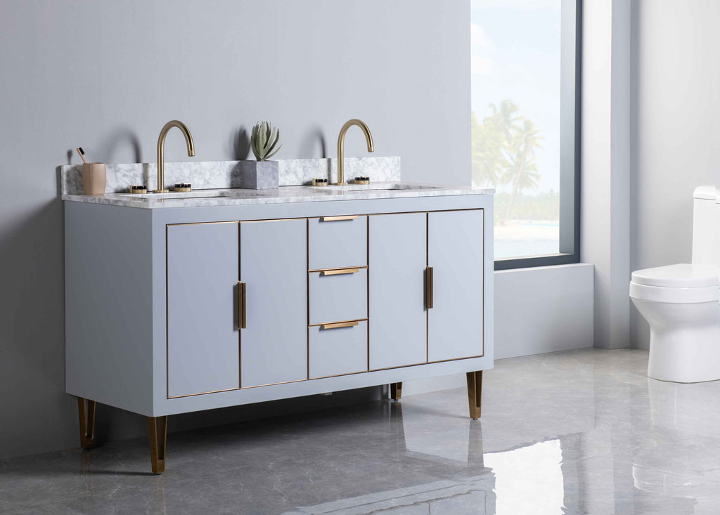 Rubeza 1500mm Dukes Vanity Unit with Carrara Marble Top - Light Grey & Gold