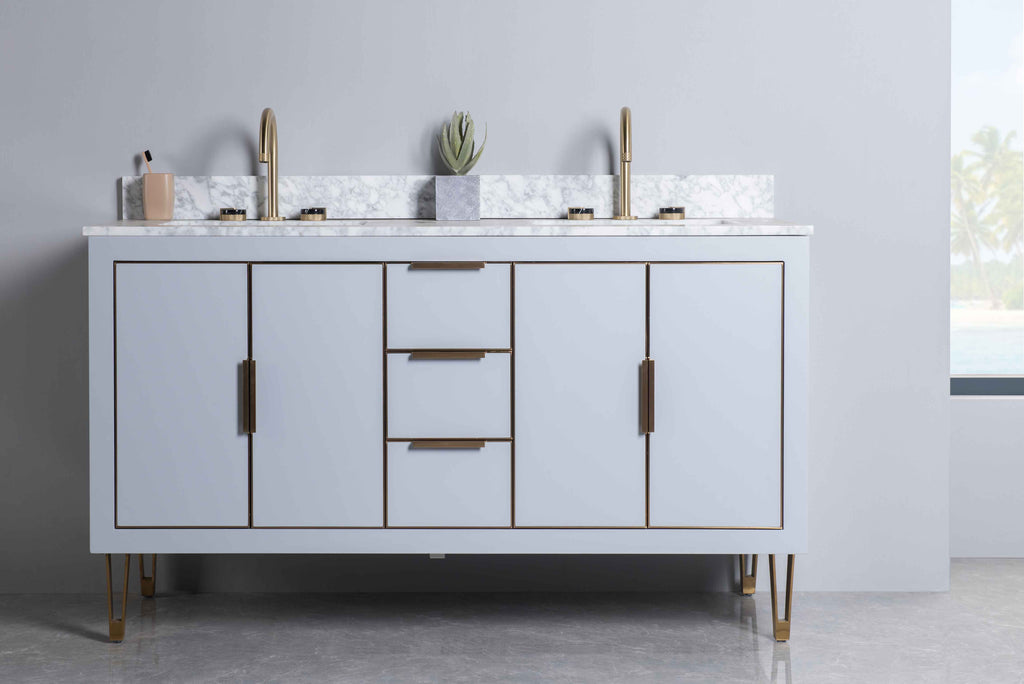 Rubeza 1500mm Dukes Vanity Unit with Carrara Marble Top - Light Grey & Gold