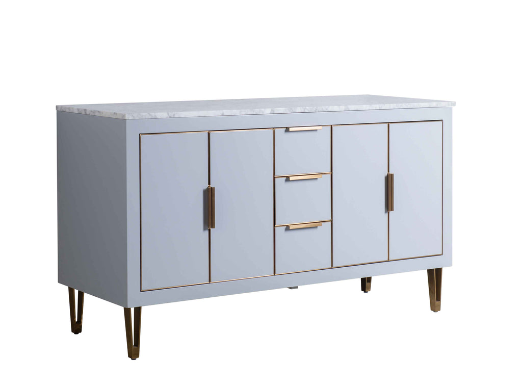 Rubeza 1500mm Dukes Kitchen Island & Breakfast Bar with Carrara Marble Top - Light Grey & Gold