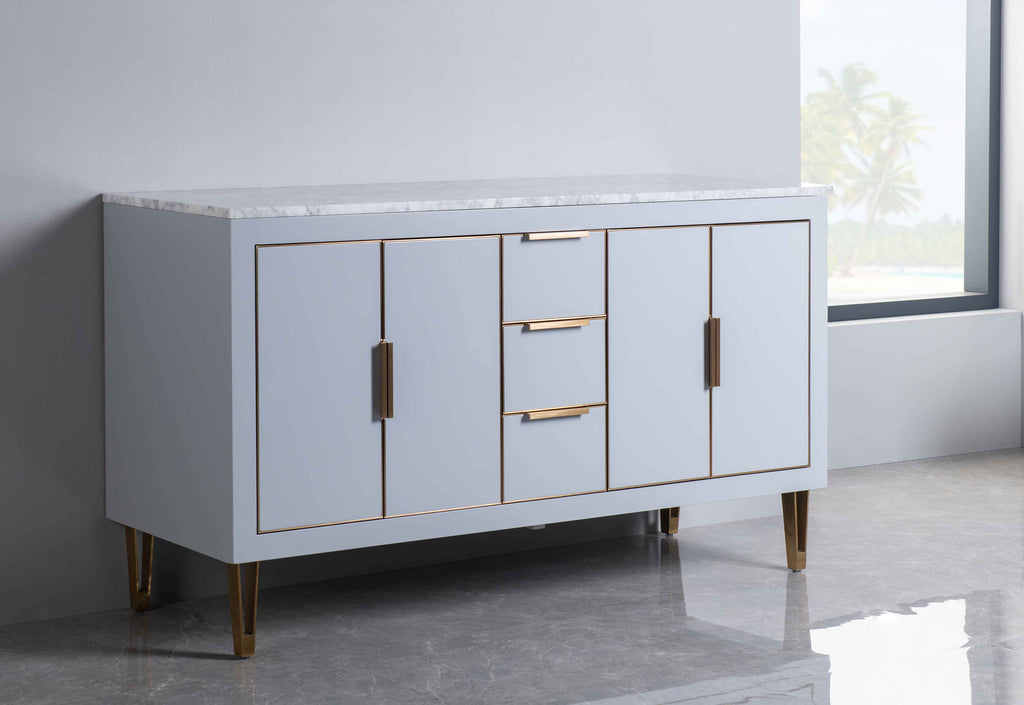 Rubeza 1500mm Dukes Sideboard with Carrara Marble Top - Light Grey & Gold