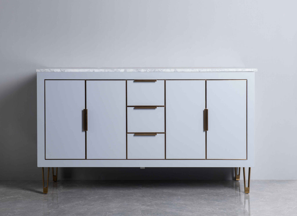 Rubeza 1500mm Dukes Sideboard with Carrara Marble Top - Light Grey & Gold