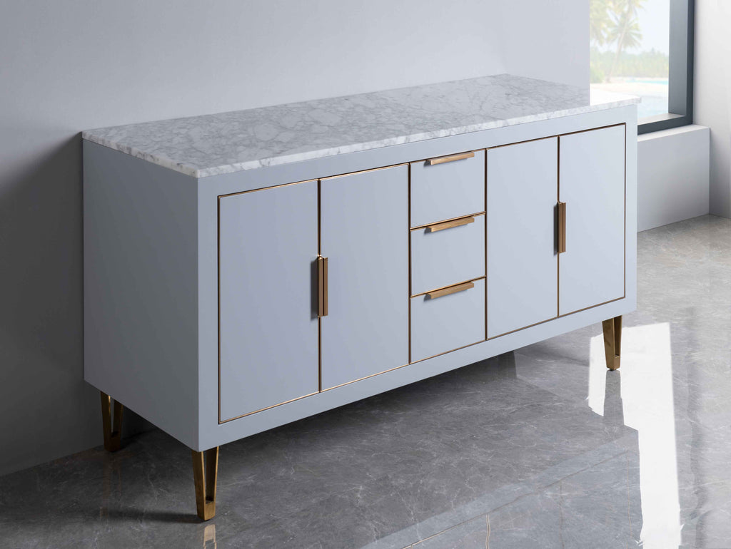Rubeza 1500mm Dukes Sideboard with Carrara Marble Top - Light Grey & Gold