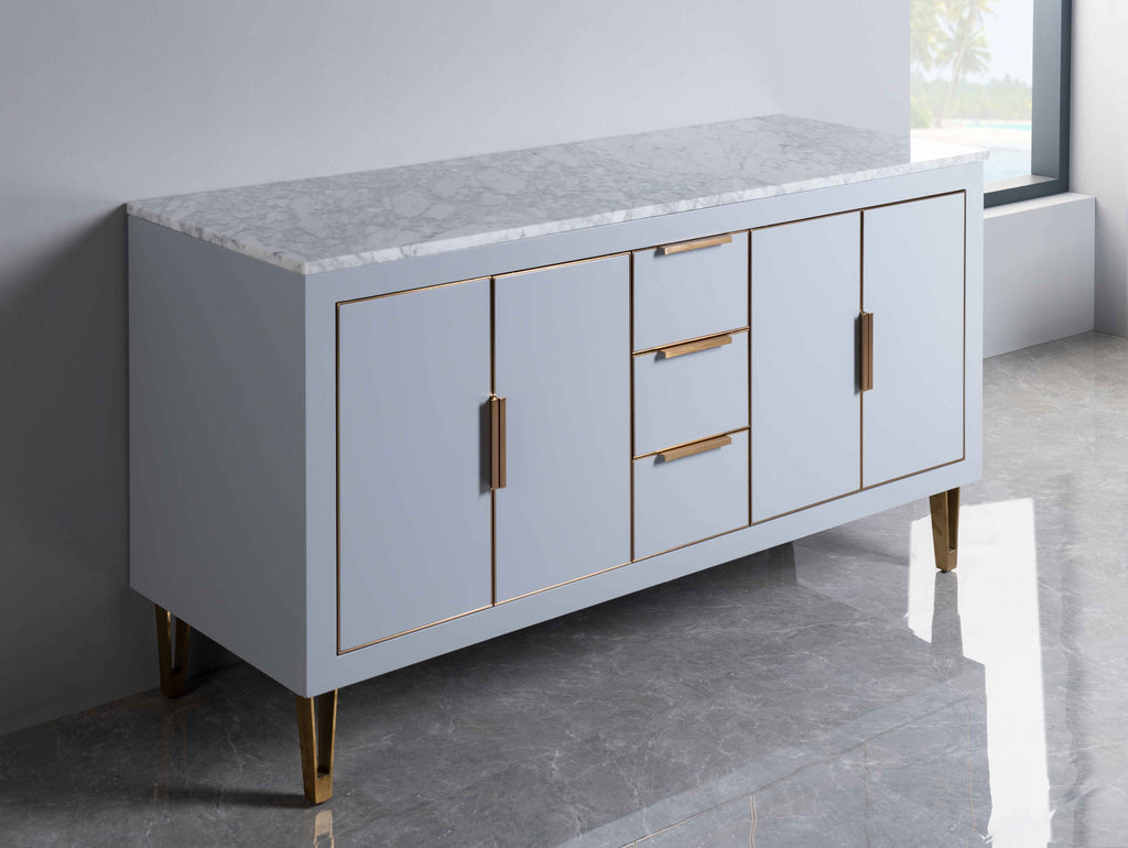 Rubeza 1500mm Dukes Kitchen Island & Breakfast Bar with Carrara Marble Top - Light Grey & Gold